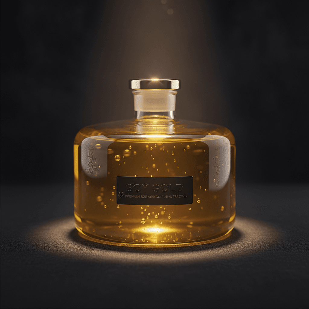 Premium soybean oil in glass container with theatrical lighting