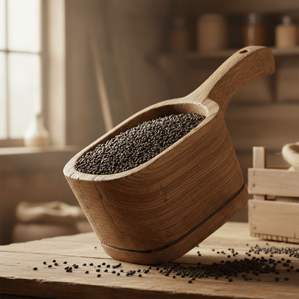 Canola seeds in wooden measuring container with natural light