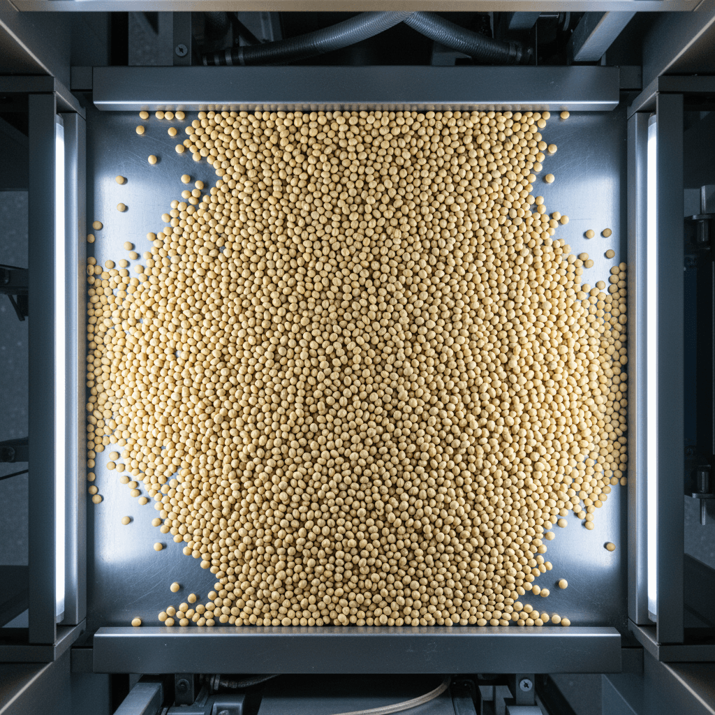 Sorted soybeans displayed on professional sorting table