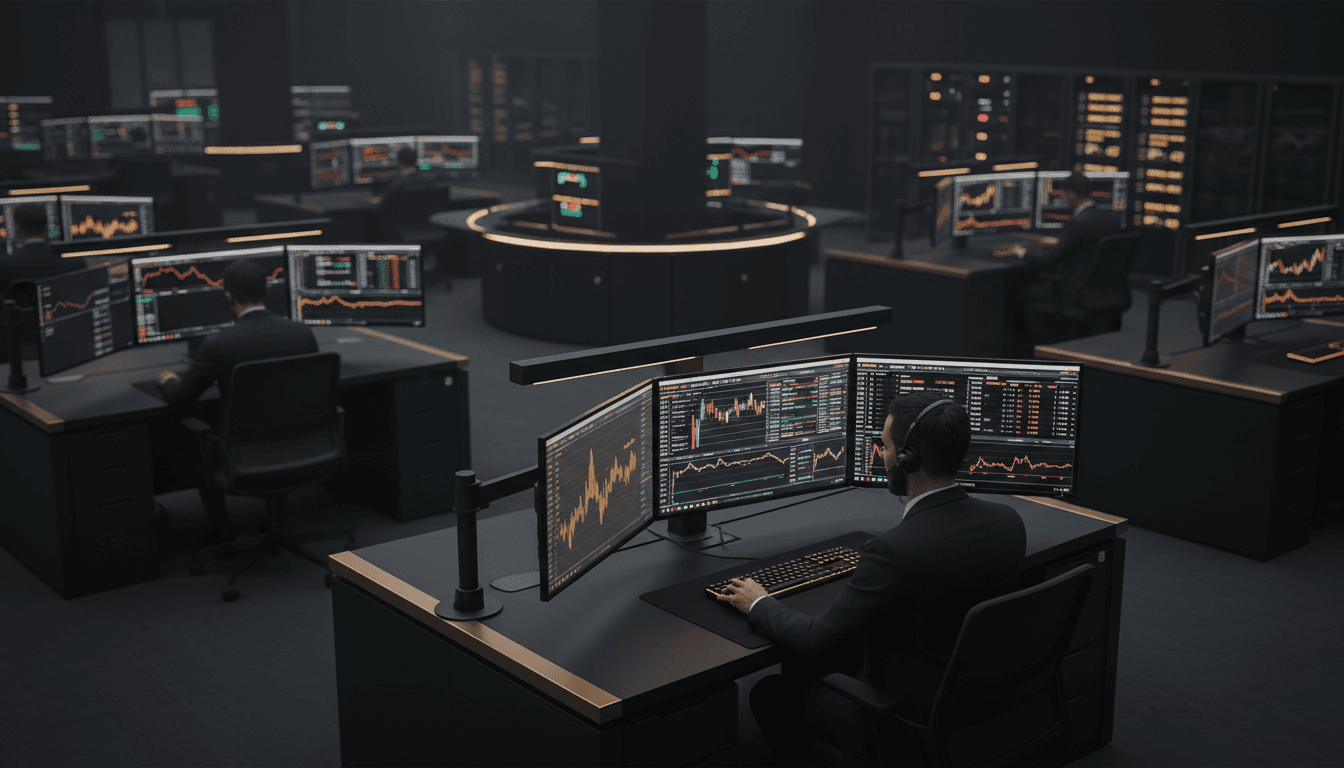 Professional commodity traders monitoring global market data on multiple screens in a modern trading environment
