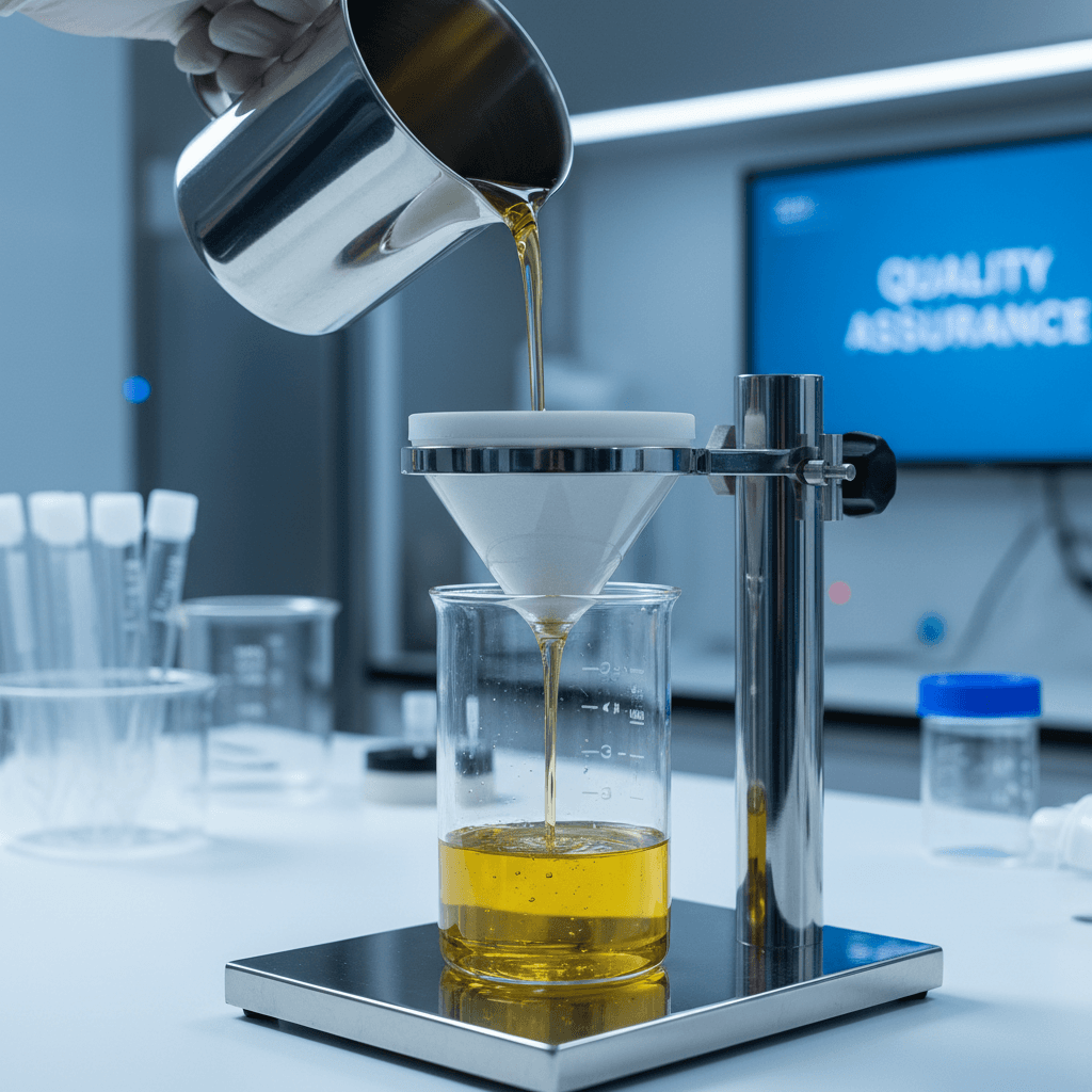Sunflower oil poured through laboratory filtration equipment