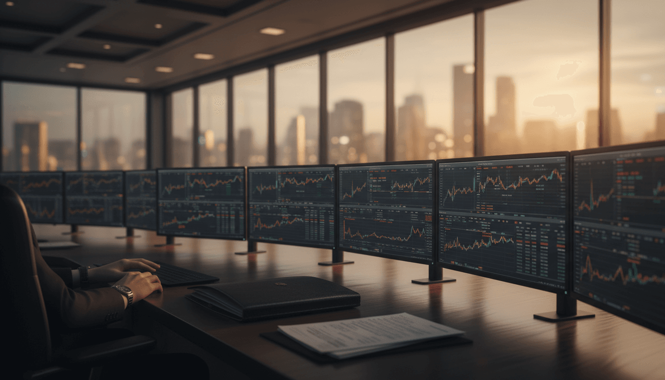 Modern trading workspace with monitors displaying commodity market data and professional at desk in Southfield office